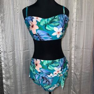 Kona Sol Tropical Floral Bikini - Teal and Pink